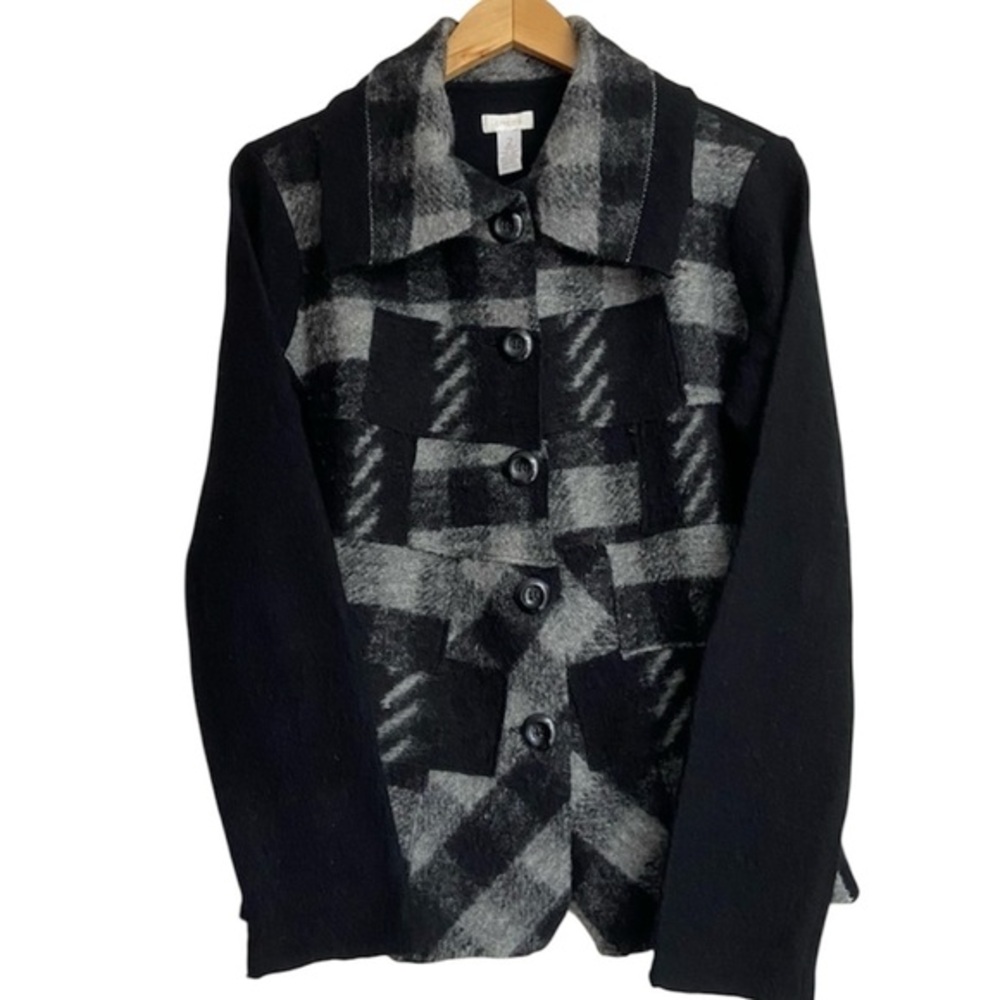 Chico's Vintage Wool Blend Button Jacket Blazer Size 2 Black Checkered